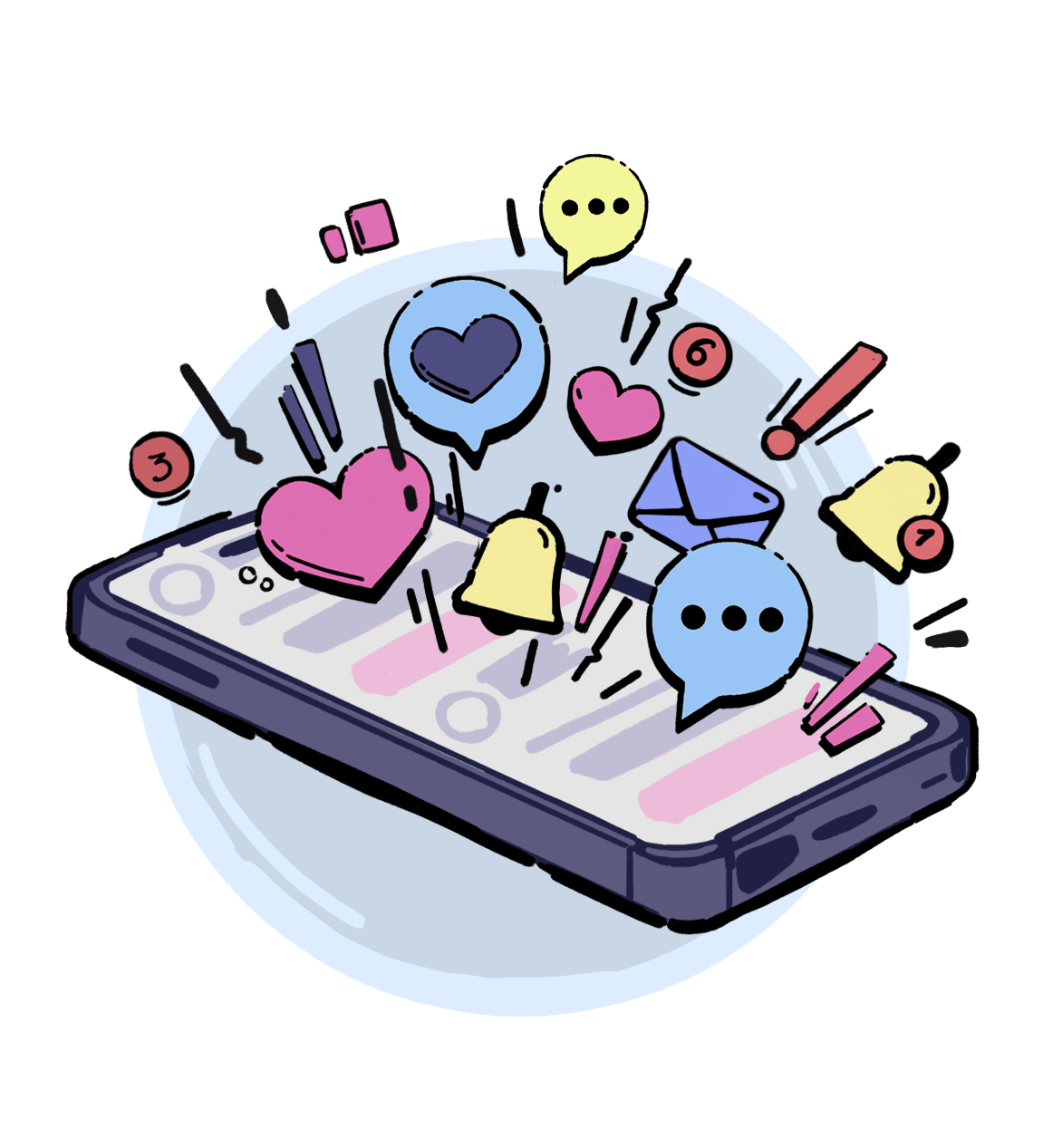Illustration: notifications and likes around a phone